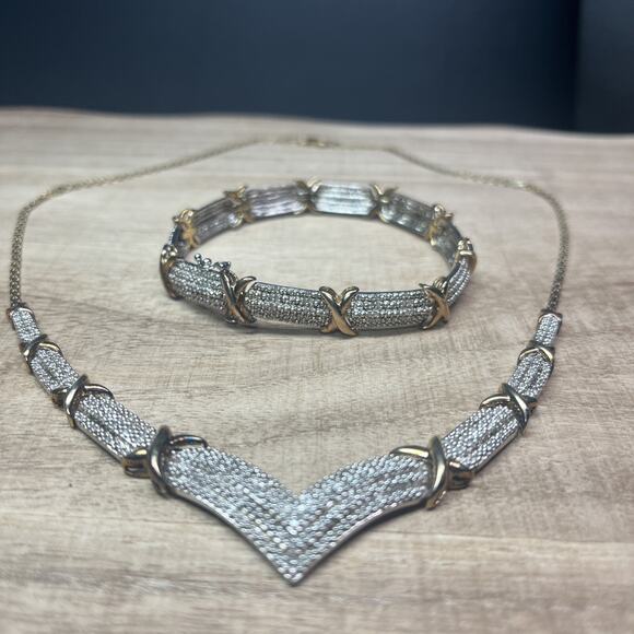 Sterling Silver 925 Tennis Bracelet V Shaped Necklace Set Gold Tone X Diamonds - Picture 1 of 16